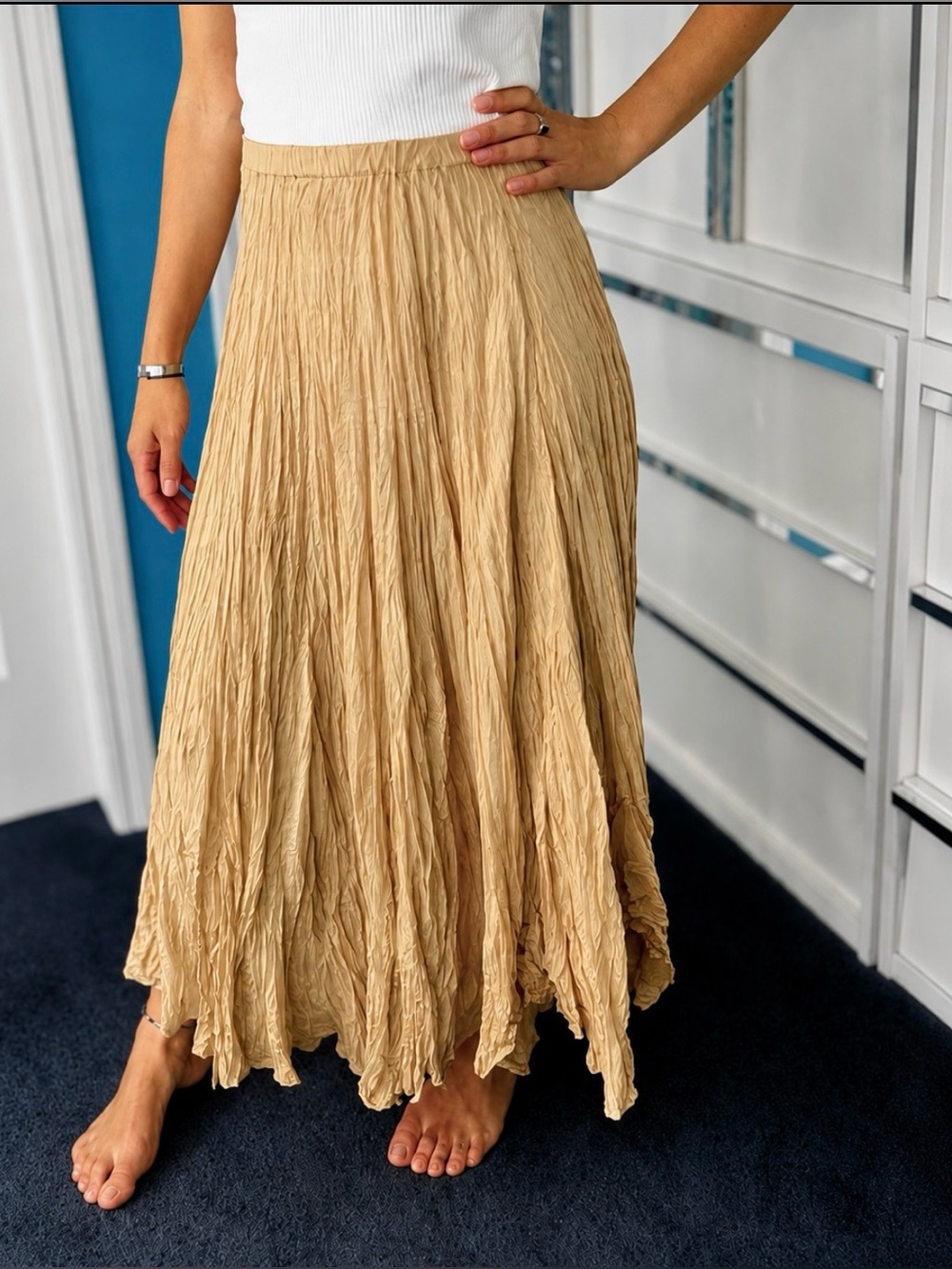 Vintage 90s Silk Crinkled Maxi Skirt Caramel Beige • Casual Occasion Travel
